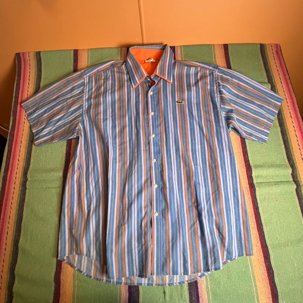 Lacoste Button Down Shirt Mens XXXL Blue Orange Striped Short Sleeve Logo